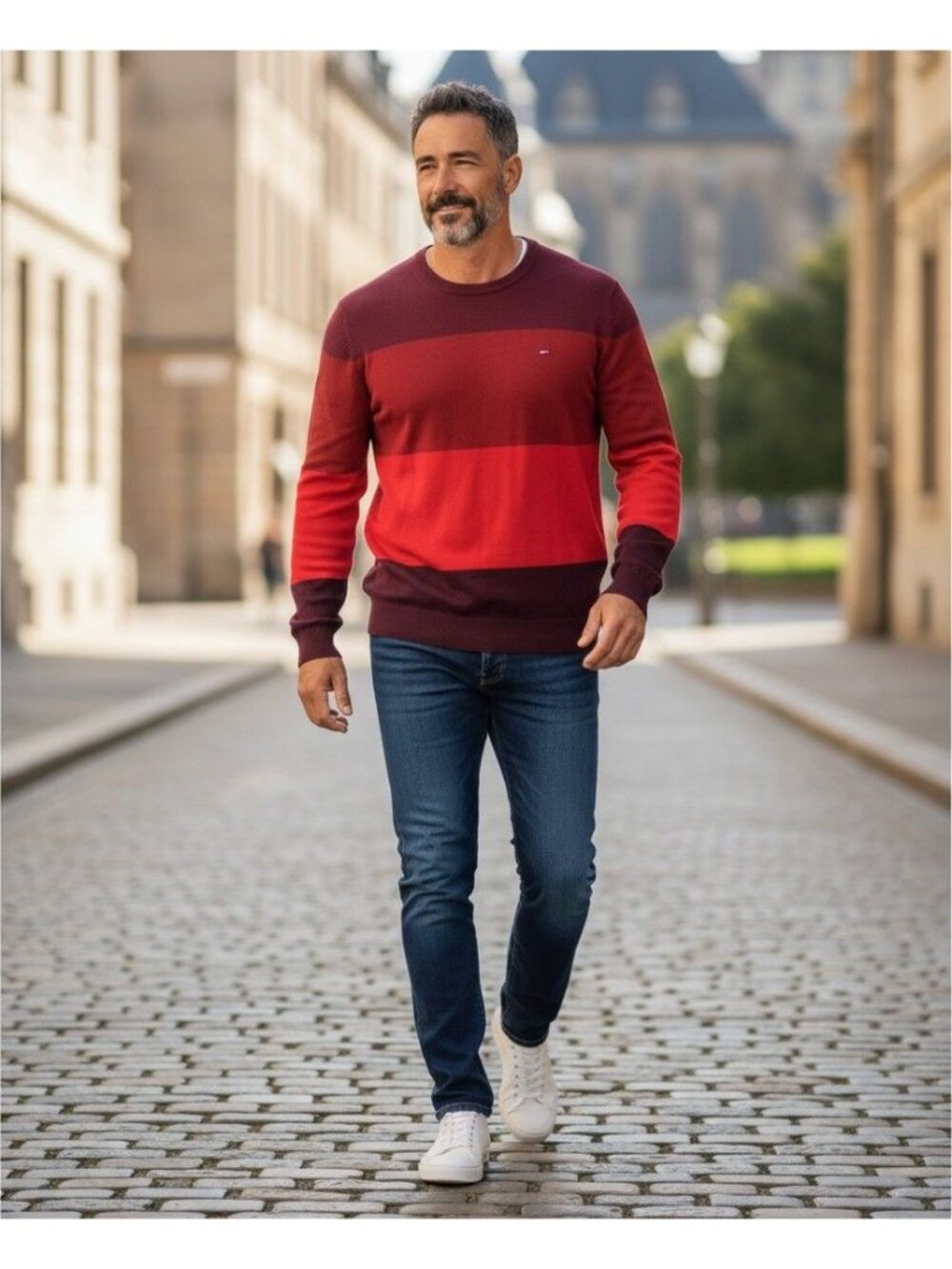Tommy Hilfiger Mens Striped Crewneck Sweater Large New Red Maroon Long Sleeve